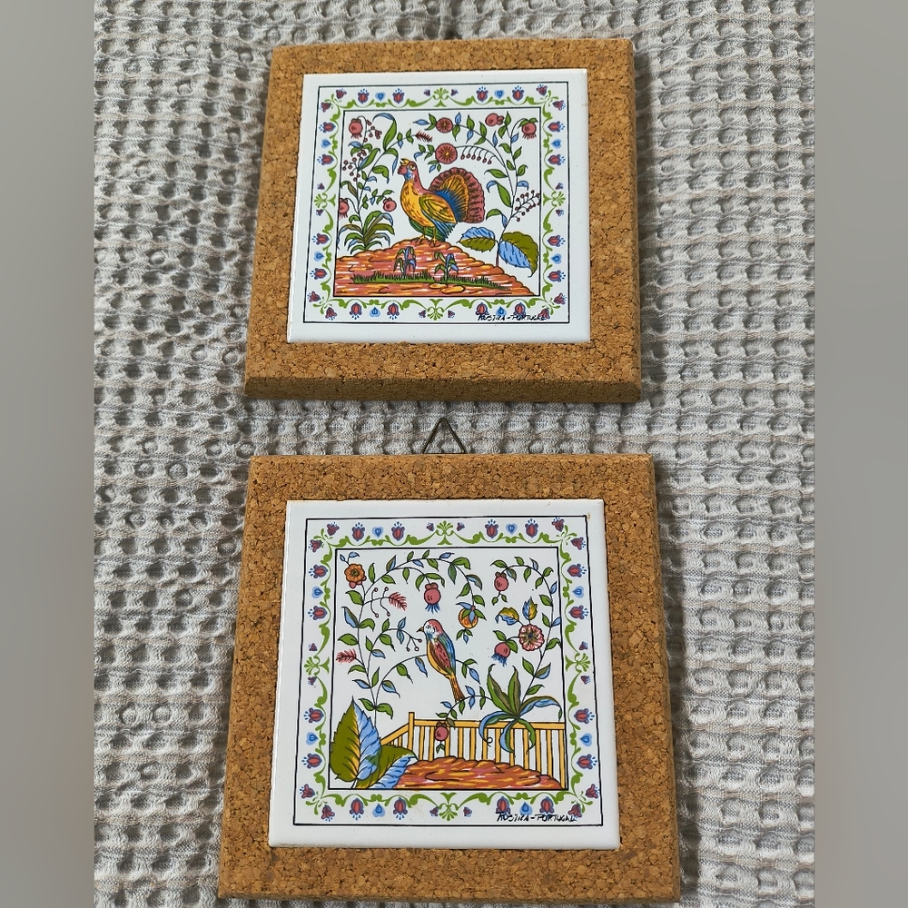 Set of 2 Vintage Hand Painted Portugal Tiles Cork Trivet Hot Plates Folk Art